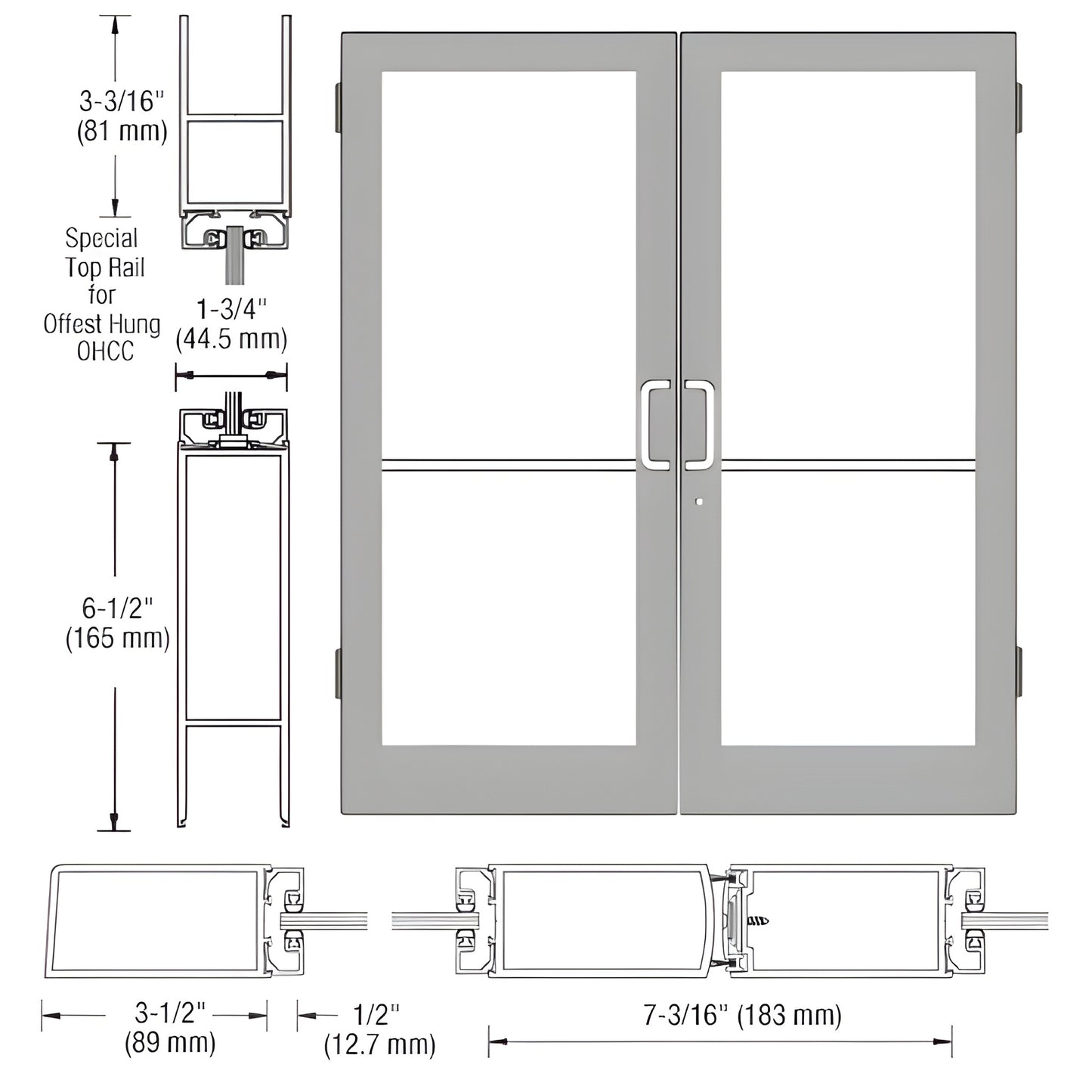 CRL medium-stile double entrance door drawing with glass panels, gray frames and hinge/profile dimensions; SKU DC42471