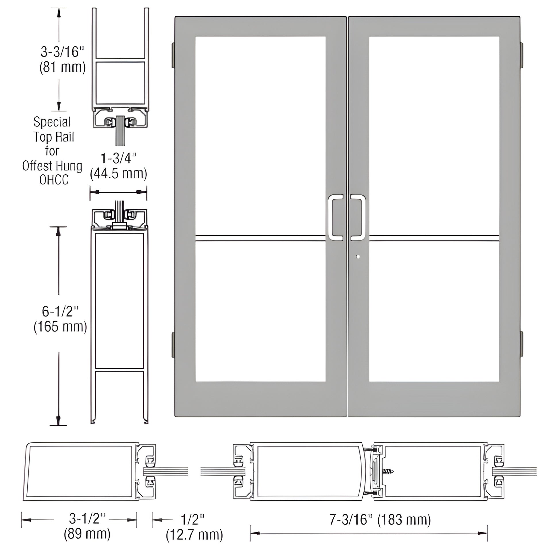 CRL medium-stile double entrance door drawing with glass panels, gray frames and hinge/profile dimensions; SKU DC42471