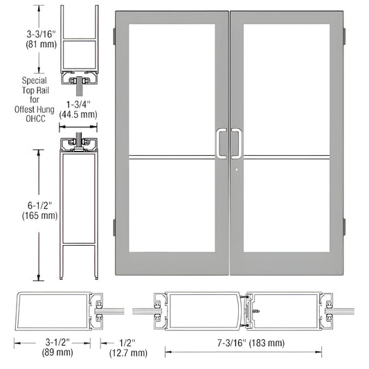 CRL medium-stile double entrance door drawing with glass panels, gray frames and hinge/profile dimensions; SKU DC42471