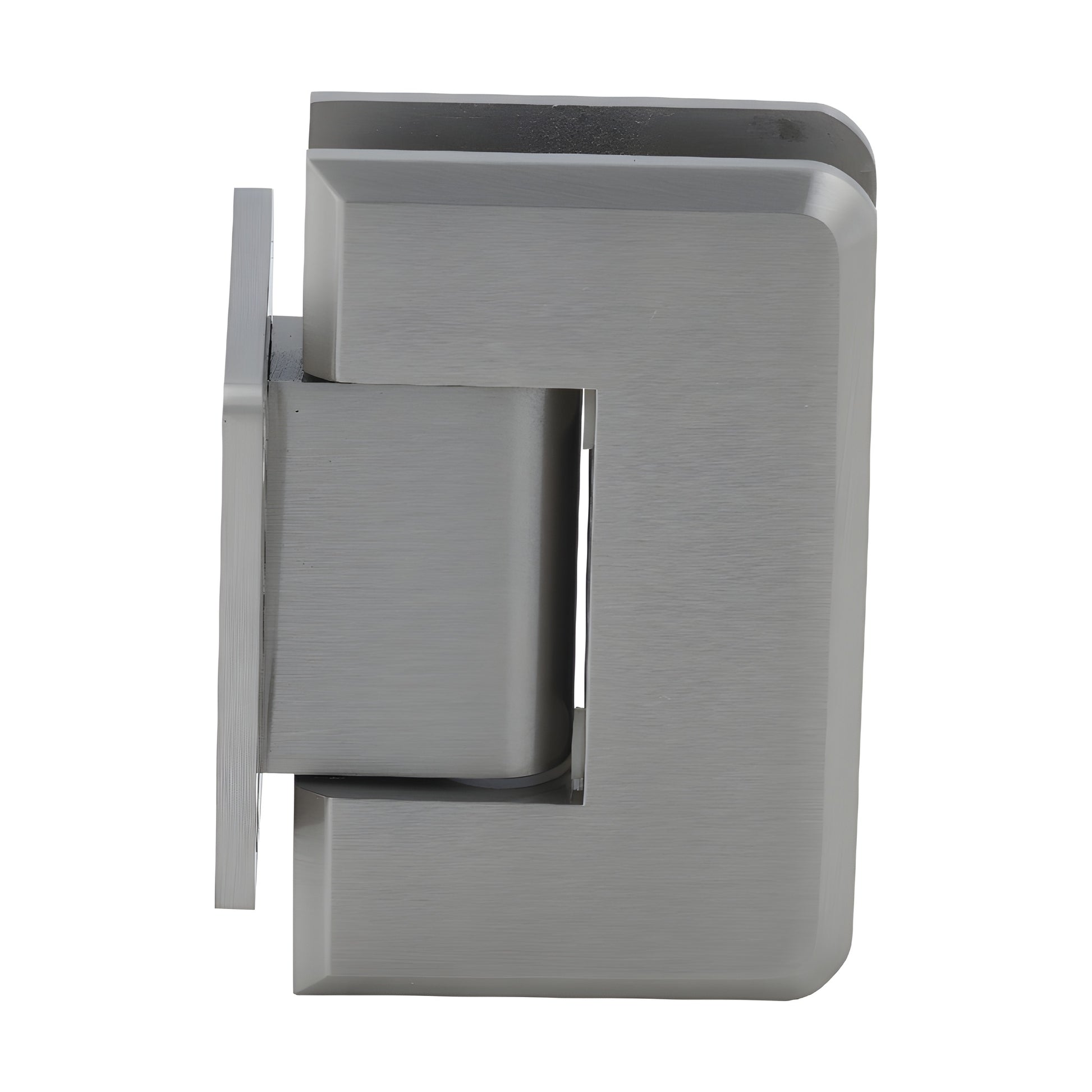 Brushed nickel CRL Pinnacle shower door hinge P1N074BN, solid brass wall-mount short back plate, fits 8-12mm glass.