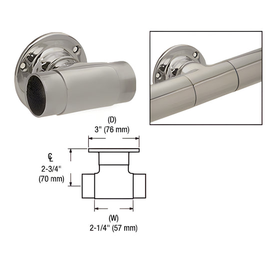 HR15UBS flush wall-mount tee, brushed stainless steel handrail fitting, 2-3/4" centerline, ready-to-install