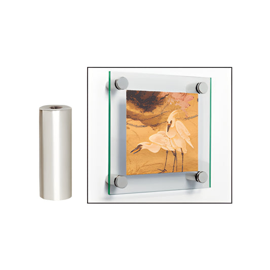 Satin chrome 3/4" brass standoff (SKU S0B342SC) beside a mounted glass panel display with four round cap fittings.