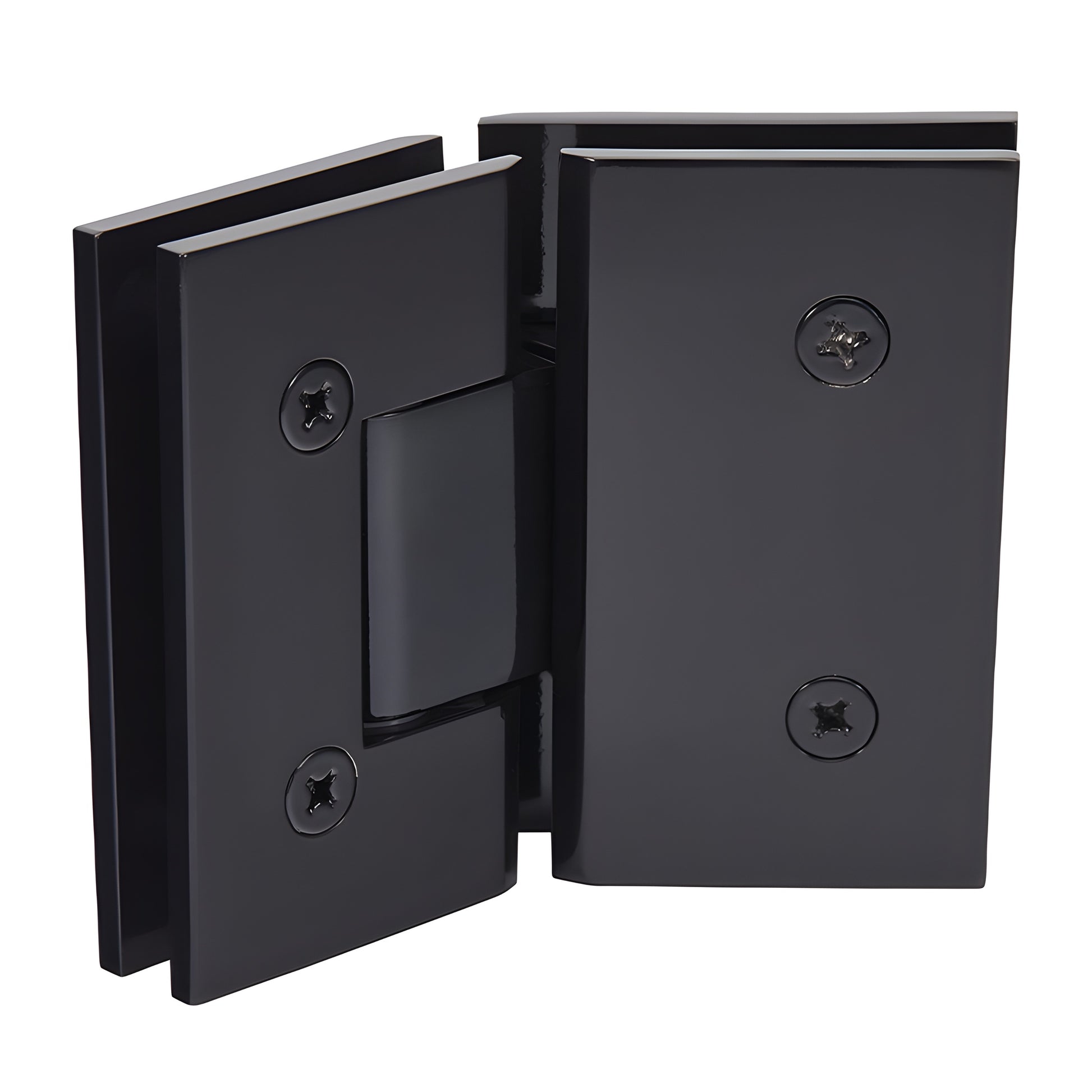 Gloss black solid brass 135 glass-to-glass squared shower hinge, SKU V1E045BL