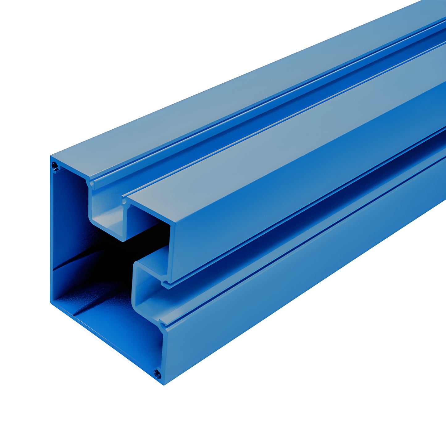 Blue aluminum Cielo windscreen post profile - hollow square post with dual glass channels for 1/2-9/16 in glass