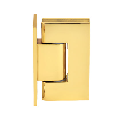 Unlacquered brass Vienna adjustable shower door hinge (SKU V1E337ULBR) for 3/8-1/2" glass, wall mount, squared design.