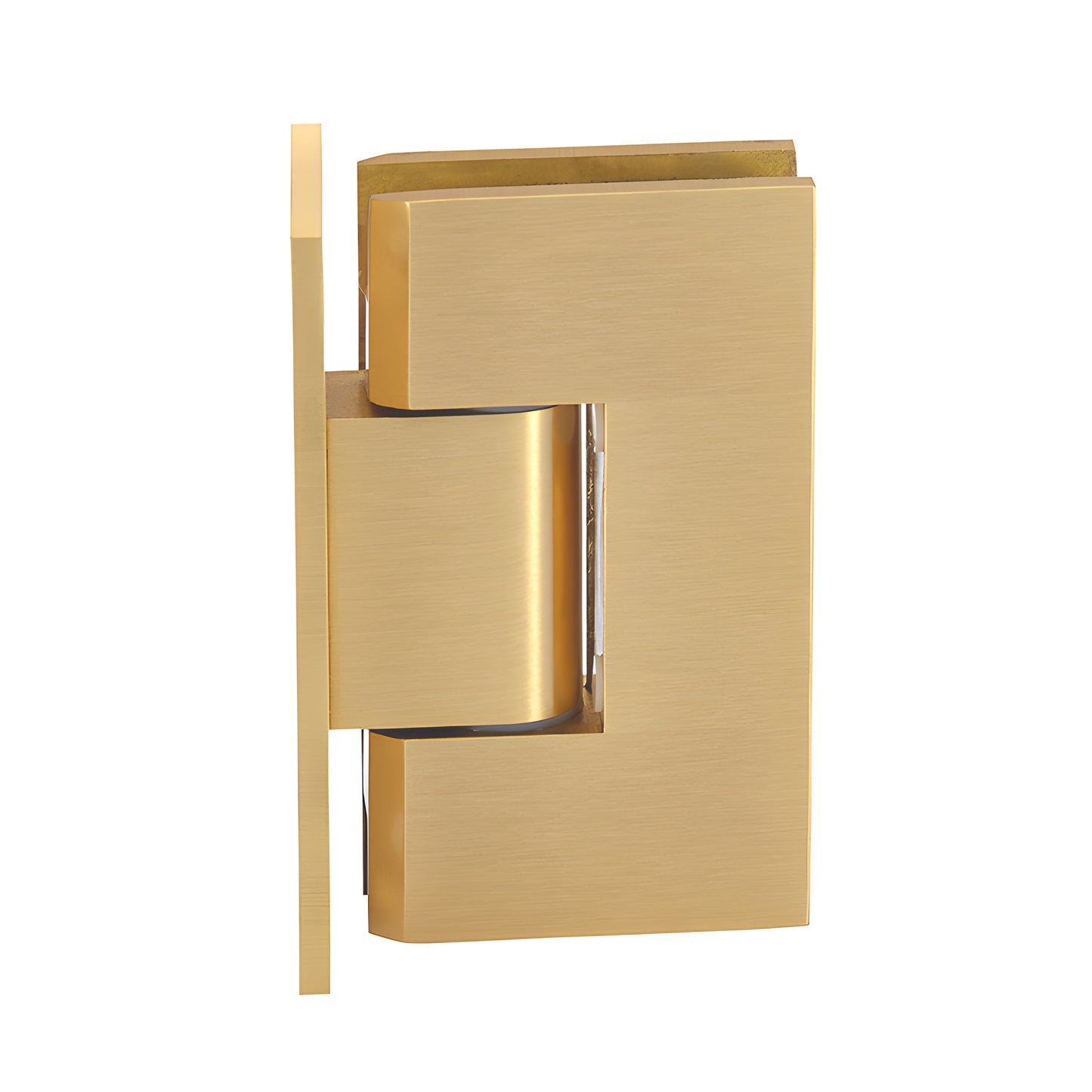 Satin brass squared shower door hinge (Vienna V1E537SB), solid brass wall-mount for 3/8-1/2 glass