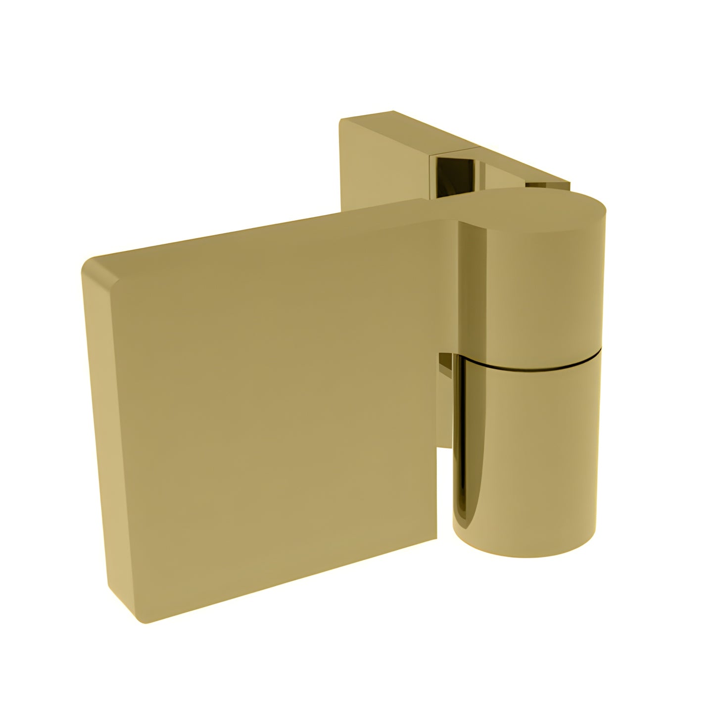 Satin brass Lugano glass shower door hinge (LUG044RSB), concealed modern left-hand hinge for 8-10mm frameless glass.
