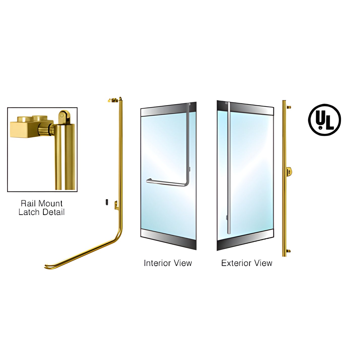 PA100FS3RKPB polished brass DRS rail mount panic handle for glass doors, 1-1/4" tube, interior push bar, exterior pull