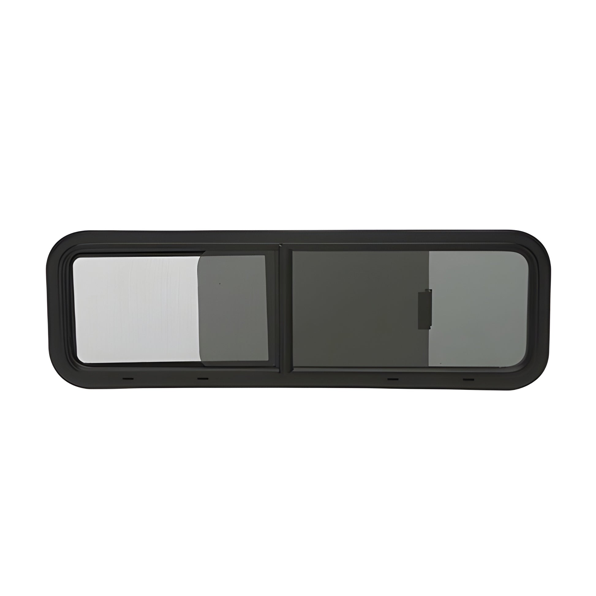 CRL VW1033R universal half-slider van window, powder-coated black frame with solar privacy tinted sliding glass and removable