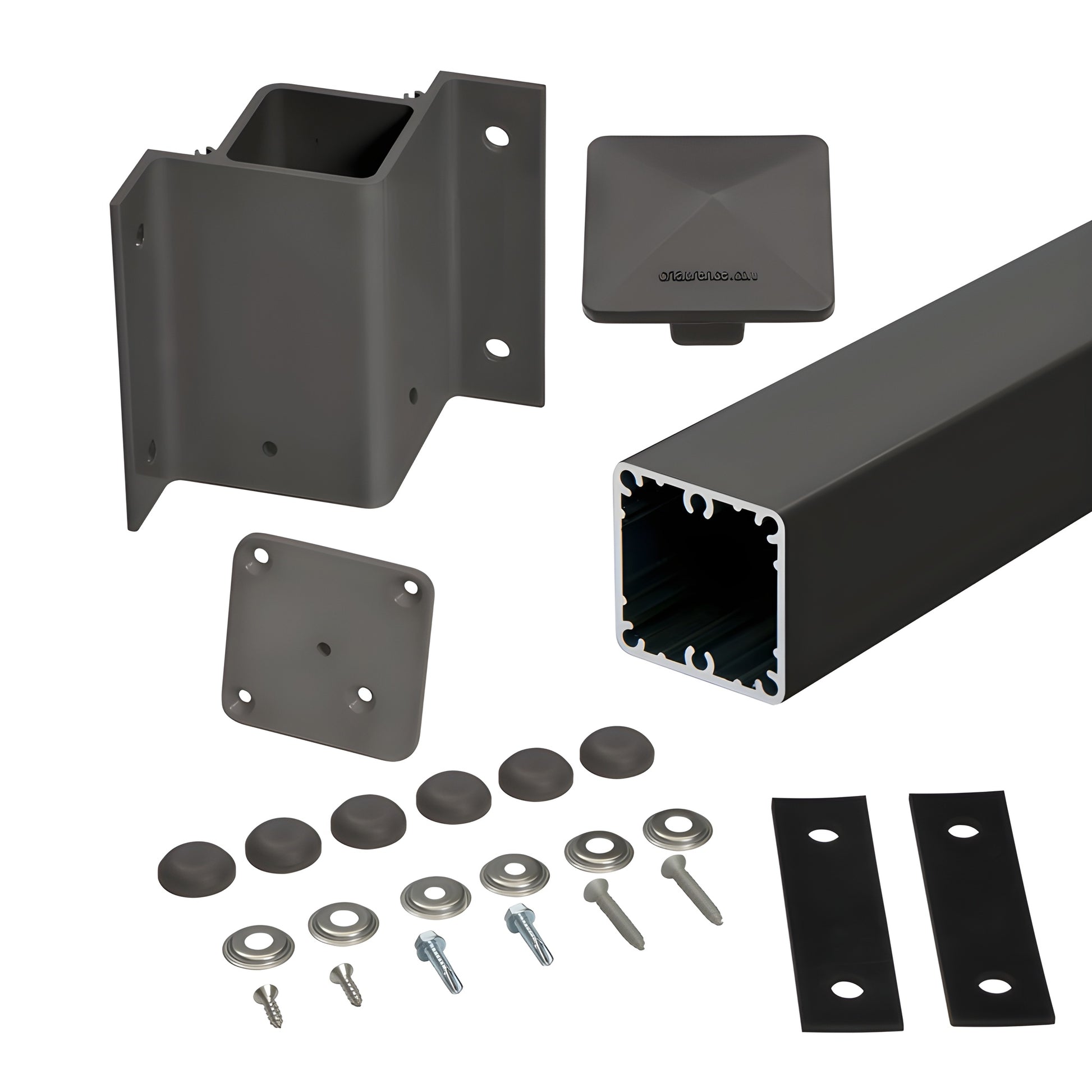 Matte bronze aluminum 2-3/8" square inside 90 fascia mount post kit with bracket, cap and hardware - SKU 1FP9142KBRZ