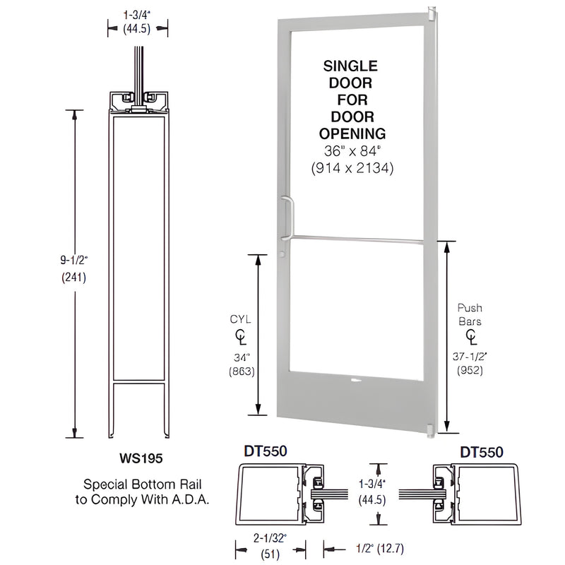 Clear anodized narrow stile 36x84 aluminum commercial door (SKU CD21211L036) with 9.5" ADA bottom rail and glazing.