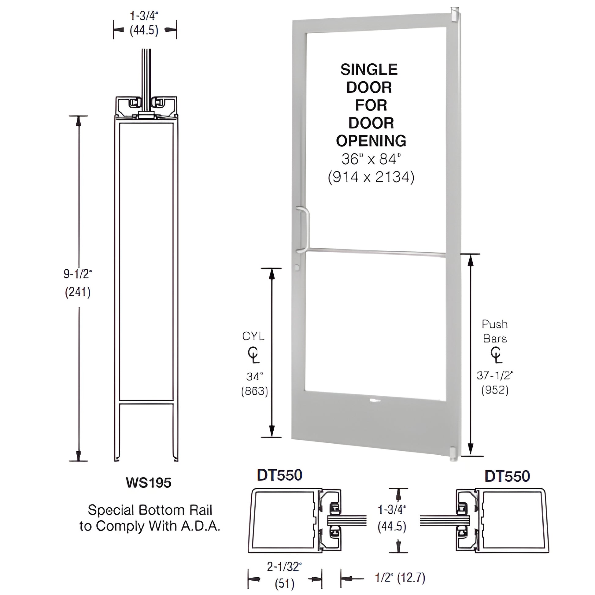 White Kynar narrow-stile aluminum door (SKU CD21252L036), 36x84, ADA 9-1/2" bottom rail, accepts 1/4" or 3/16" glazing.