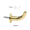DRH1BR polished brass solid robe hook, curved design for through-glass, wall or UV adhesive mounting