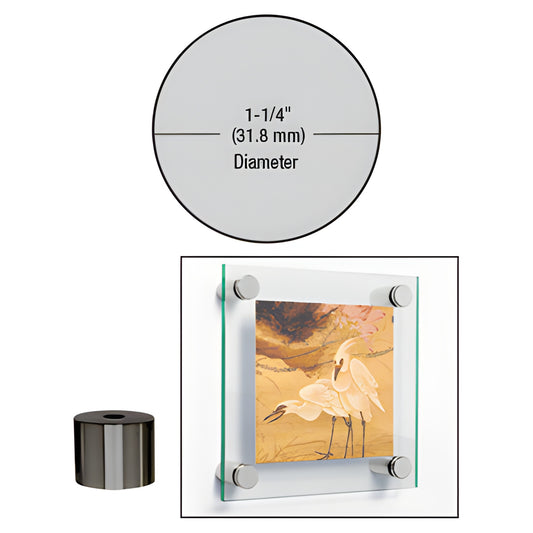 Gun metal 1-1/4 brass standoff (S0B1141GM) with example glass panel mounting.