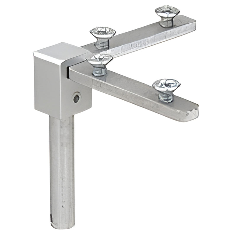 Satin anodized corner bracket (SKU D7050A) with two flat arms and mounting screws for D7030/D7040 showcases.