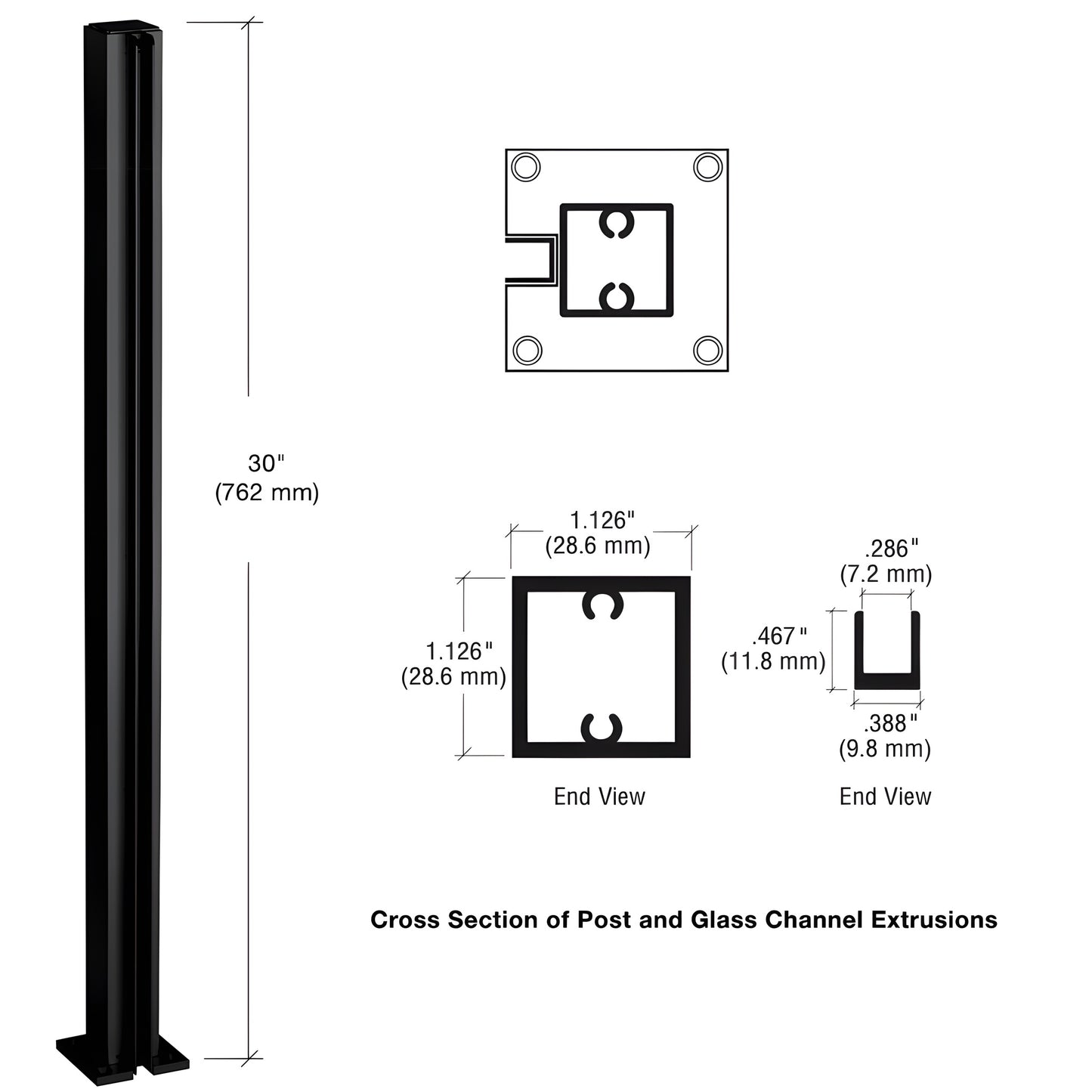 D990BL30E slim semi-gloss black aluminum end post, 30" tall, 1-1/8" square tube with full-length U-channel.