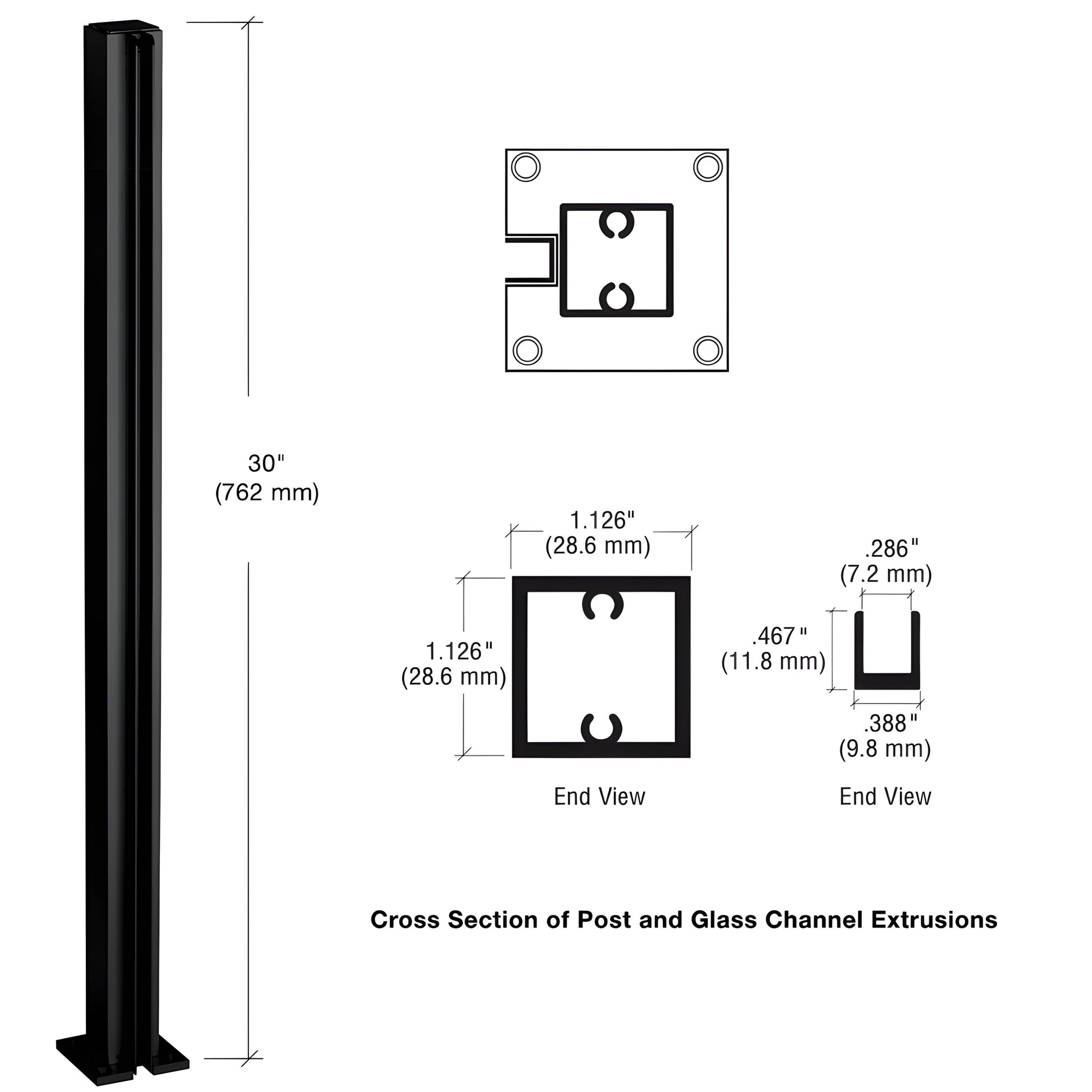 D990BL30E slim semi-gloss black aluminum end post, 30" tall, 1-1/8" square tube with full-length U-channel.
