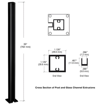 D990BL30E slim semi-gloss black aluminum end post, 30" tall, 1-1/8" square tube with full-length U-channel.