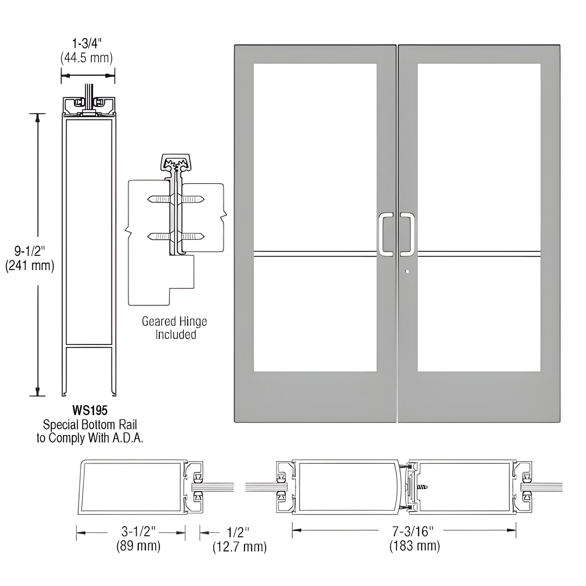 DE42811 medium-stile double entrance door, clear anodized aluminum with glass panels, 9-1/2" ADA bottom rail and dimensions.