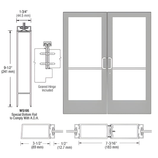 DE42811 medium-stile double entrance door, clear anodized aluminum with glass panels, 9-1/2" ADA bottom rail and dimensions.