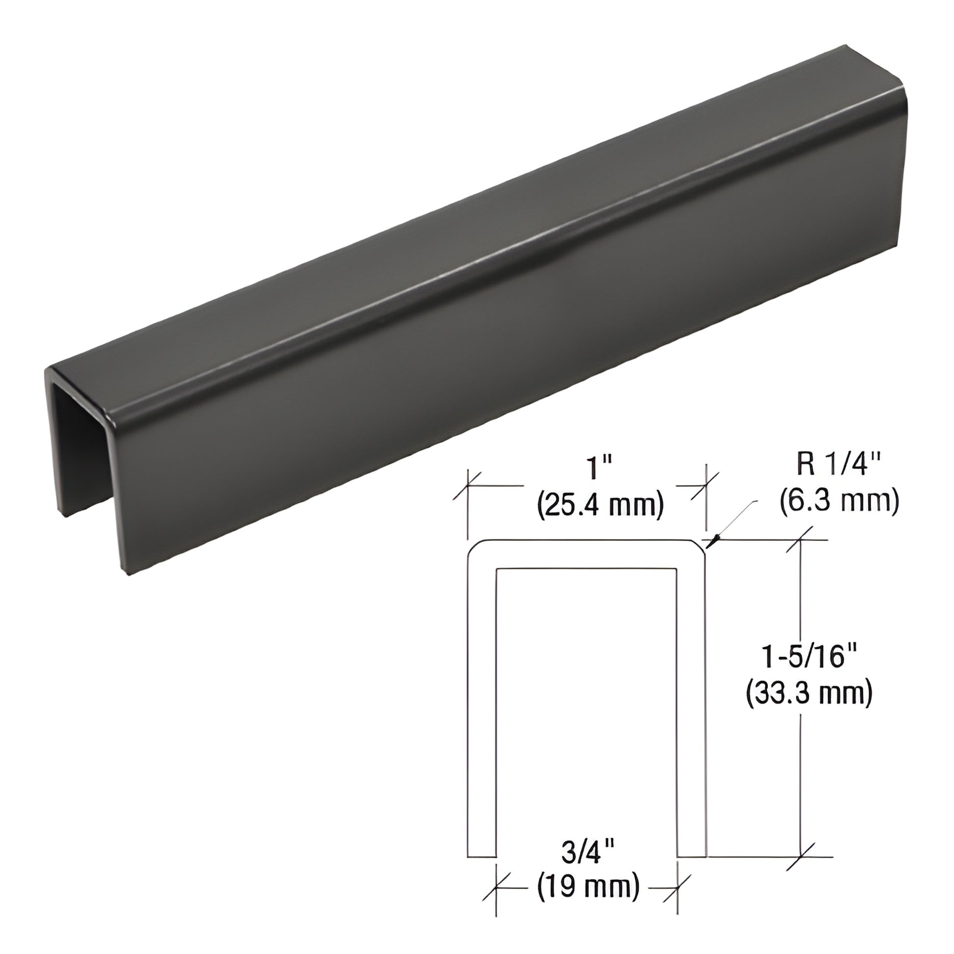 GRL10MBL20 matte black low-profile aluminum cap rail for 12-16mm glass, 10ft length, 1" x 1-5/16" profile
