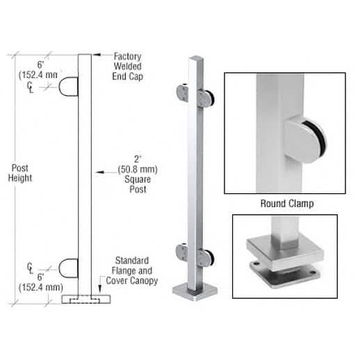 Polished stainless steel glass clamp 180° center post railing kit for 36" installations.
