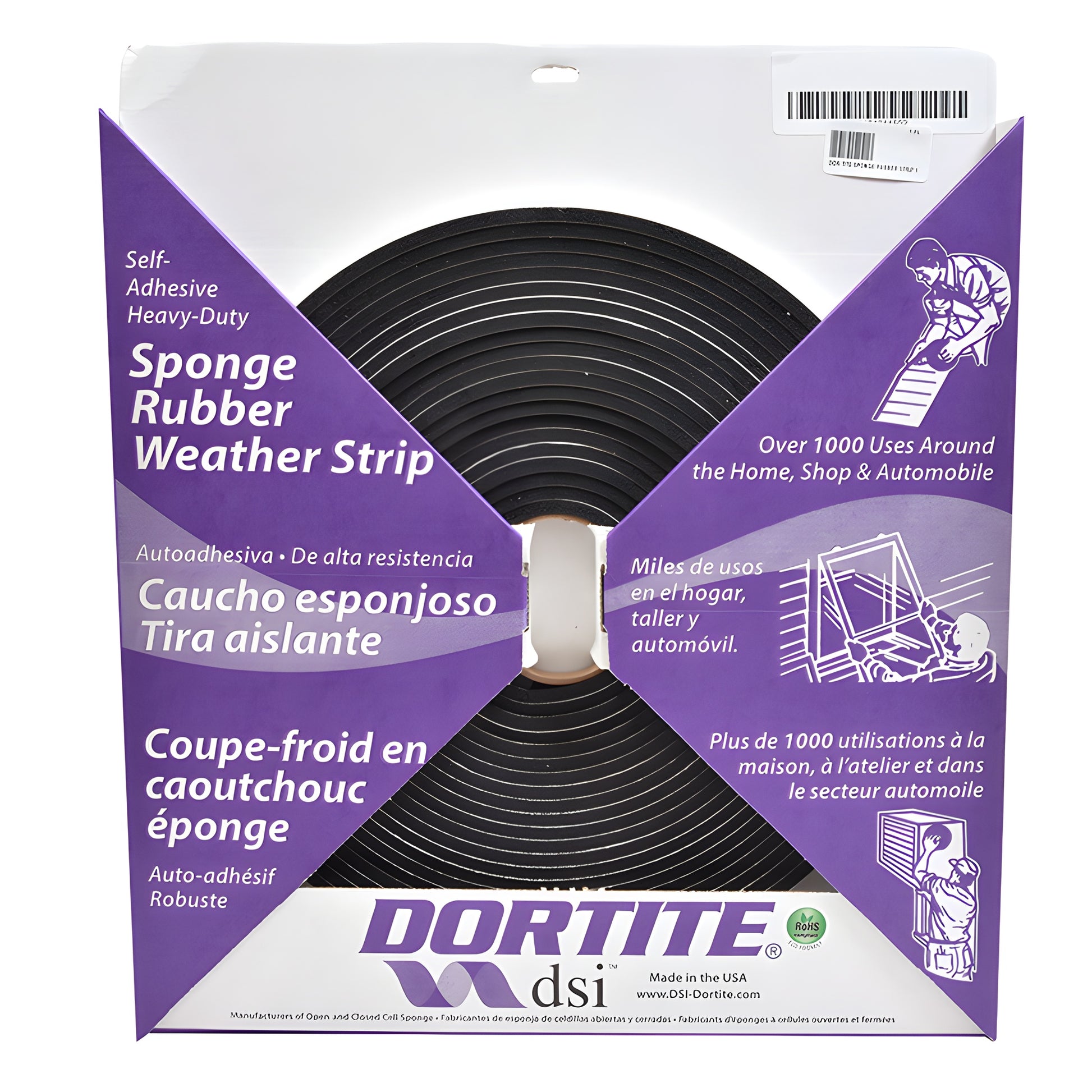 Black Dor-Tite sponge rubber self-adhesive weatherstrip roll, 50 ft x 1/2" x 3/16" - SKU D3450