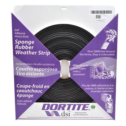 Dor-Tite D9825 black sponge rubber weatherstrip roll with white peel-off adhesive backing, 1in wide, 9/16in thick