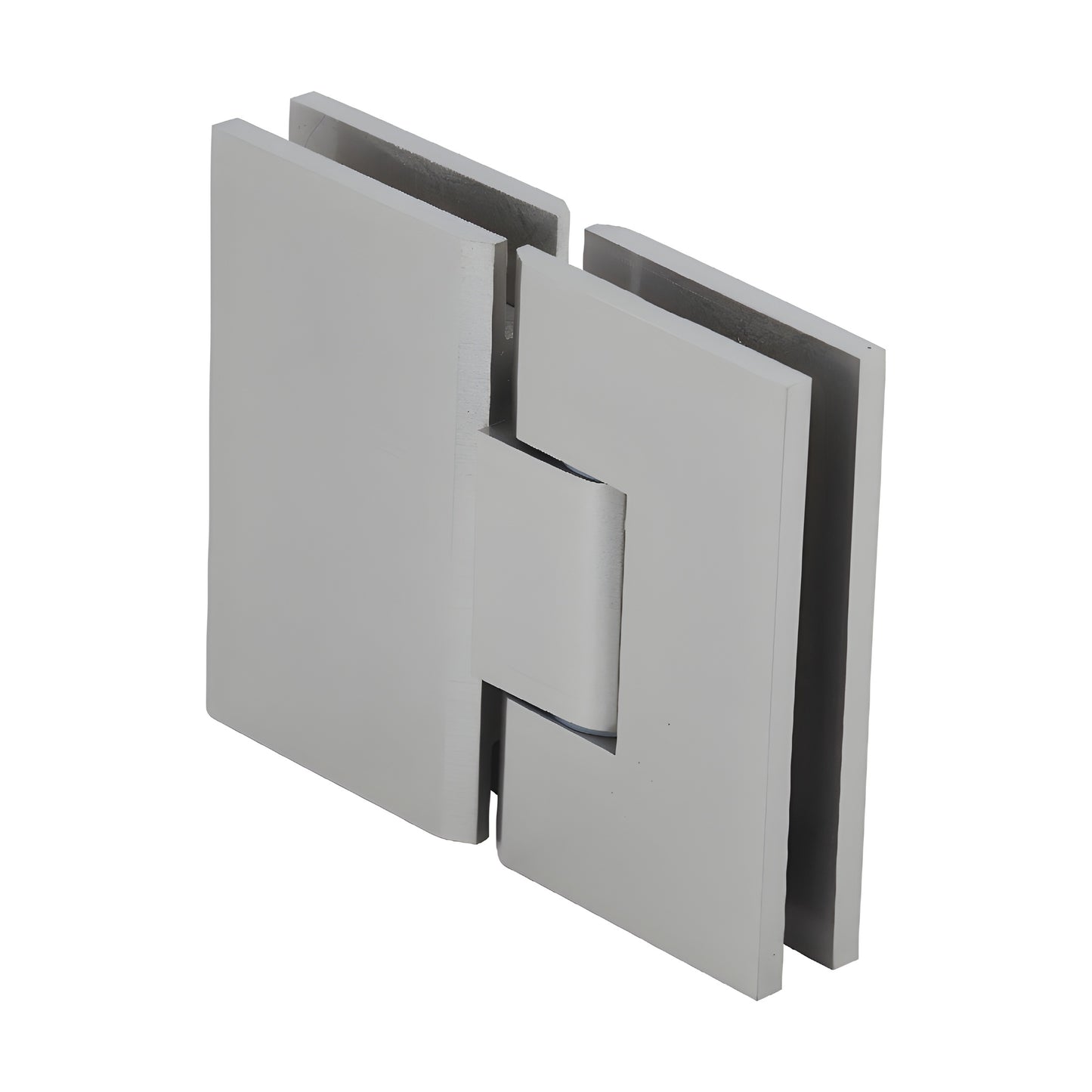 Brushed nickel 180 glass-to-glass frameless shower hinge, square profile for 10-12mm tempered glass. SKU VCT180BN