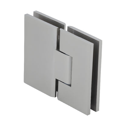 Brushed nickel 180 glass-to-glass frameless shower hinge, square profile for 10-12mm tempered glass. SKU VCT180BN