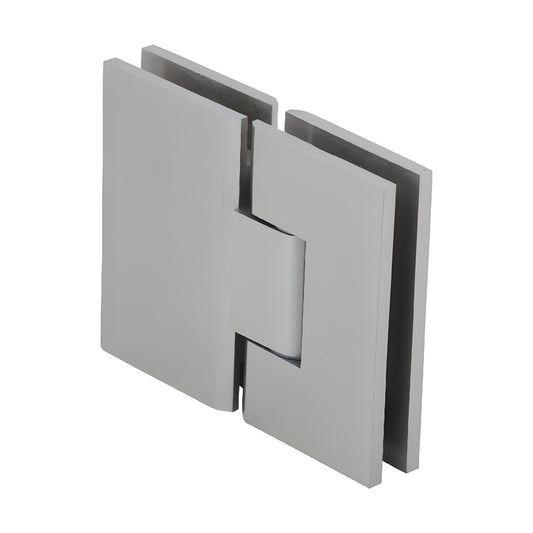 Brushed nickel 180 glass-to-glass frameless shower hinge, square profile for 10-12mm tempered glass. SKU VCT180BN