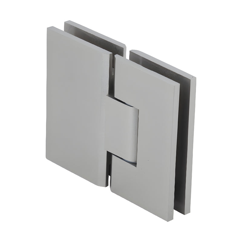 Brushed nickel 180 glass-to-glass frameless shower hinge, square profile for 10-12mm tempered glass. SKU VCT180BN