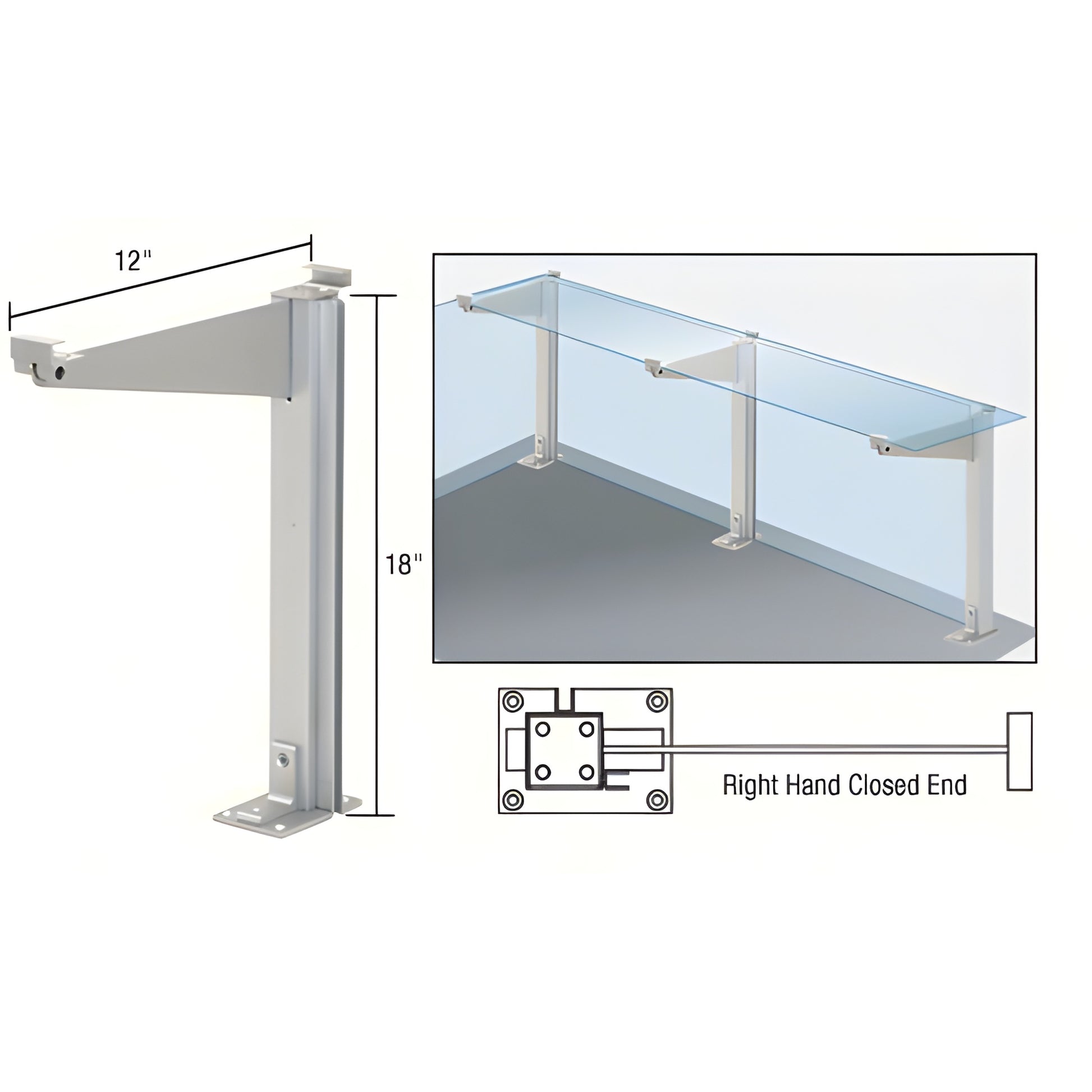 Aluminum counter partition post (D995ARHCE), 18" high with 12" top shelf support, satin anodized, right-hand closed end.