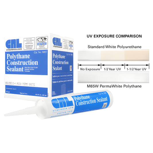 CRL M65W white polythane construction sealant tube and box, shown with UV exposure color comparison strip