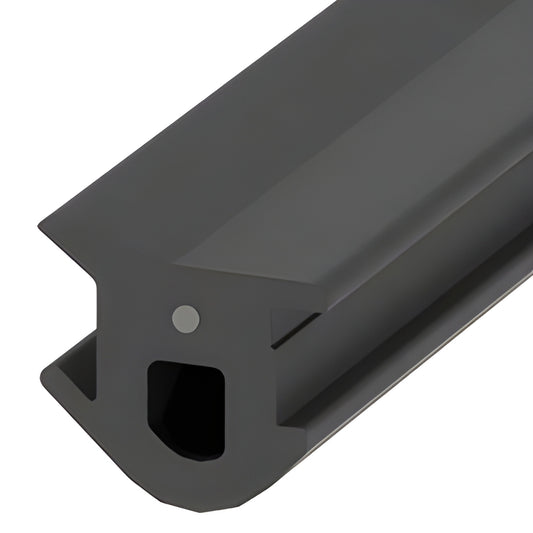 Black rubber drop-side safety seal (MBSG1) for tempered glass railings, fits 12-19 mm, installs into base shoe.