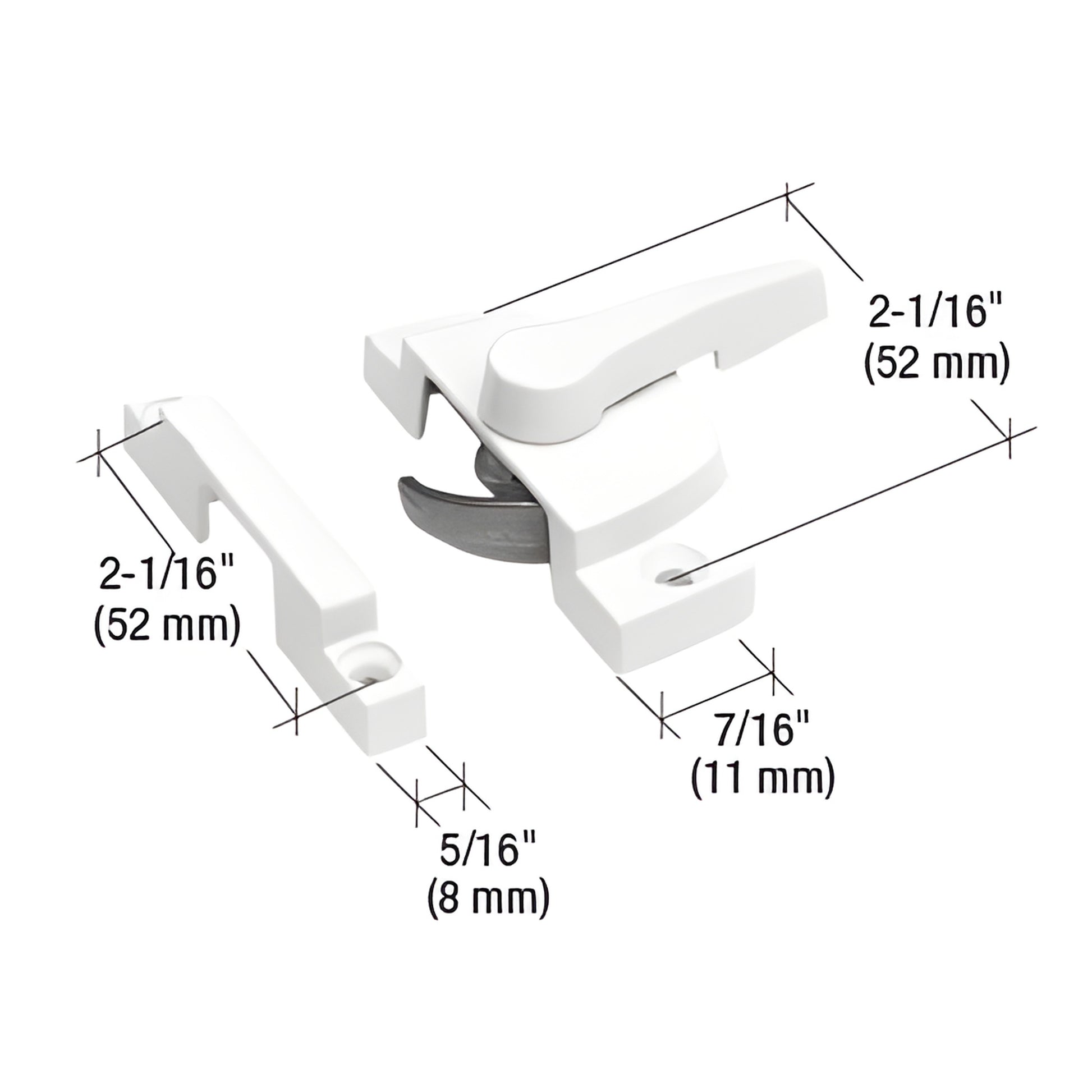White cam-style window sash lock and keeper, diecast baked-enamel finish, shown with dimensions (SKU F2588)