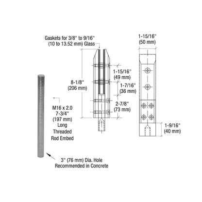 Matte black three-piece stainless steel frameless windscreen clamp with threaded rod - SKU AFWC3MBL