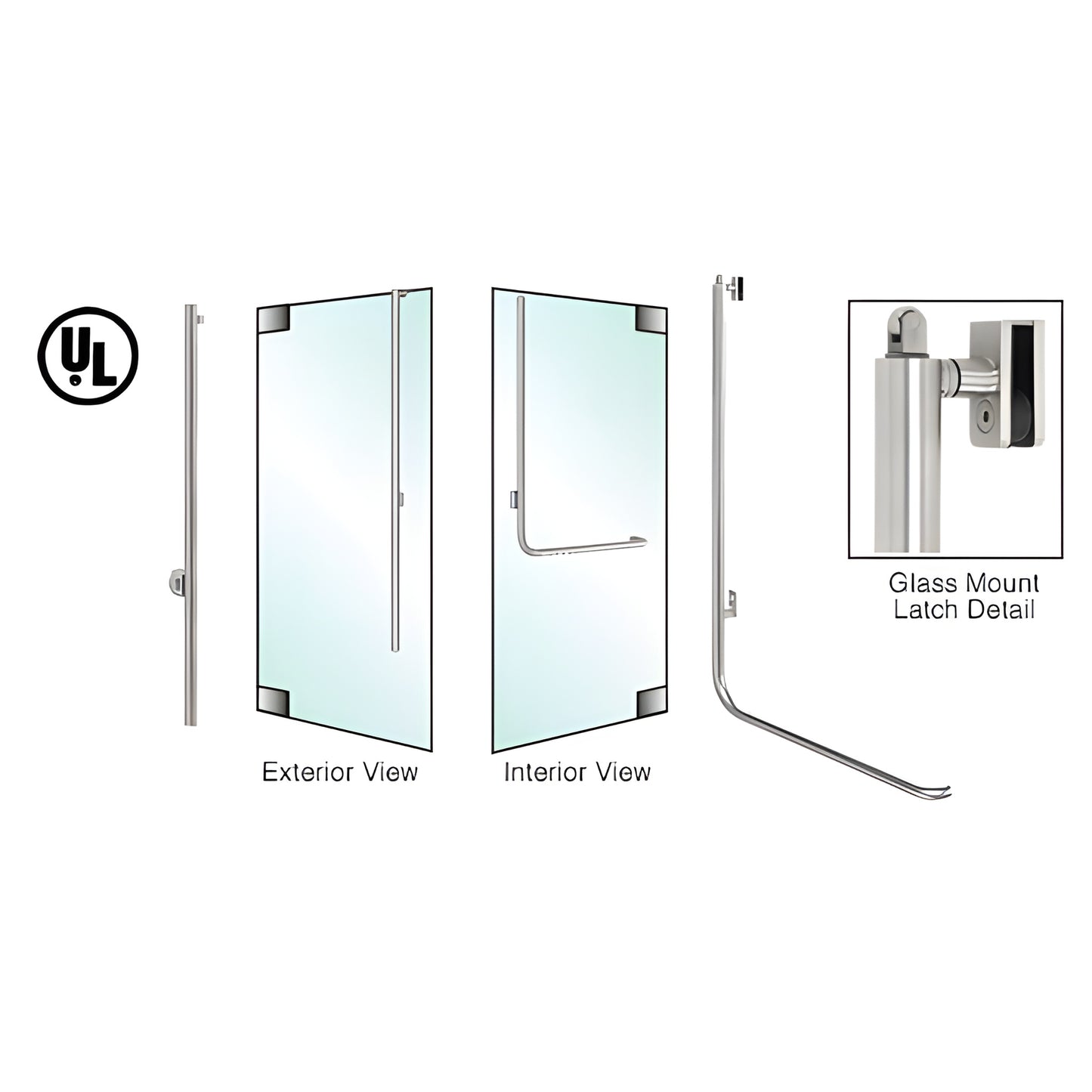 PA100LS4GKBS brushed stainless tubular panic handle for 1/2" glass door, exterior key cylinder, left-hand reverse