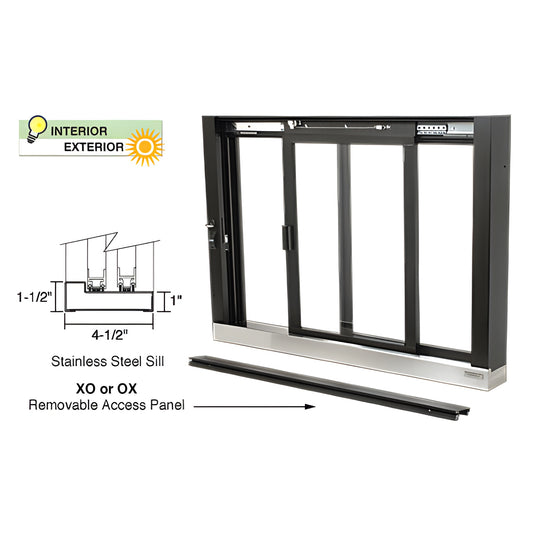 SCDW1803 Duranodic bronze aluminum self-closing service window, XO sliding panel, stainless steel sill, removable access pane