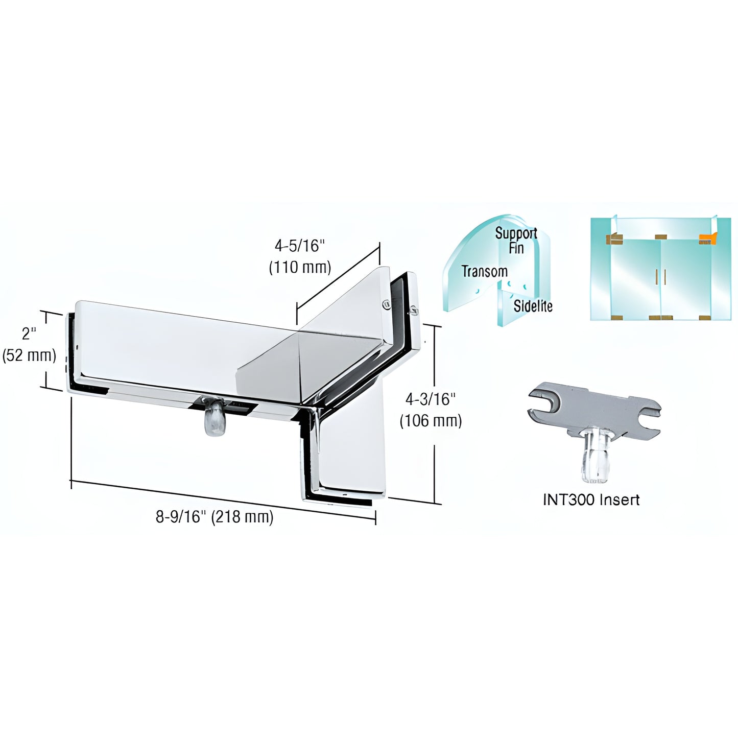 PH41LPS polished stainless steel left-hand sidelite transom patch with support fin bracket for 3/8 or 1/2 in glass