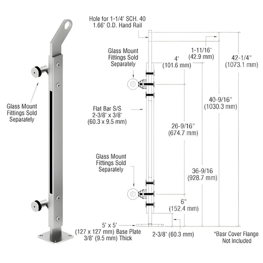 Polished stainless P-Series surface-mounted railing post SKU P242REPSC, 42" tall with 5"x5" base plate; glass fittings sold s