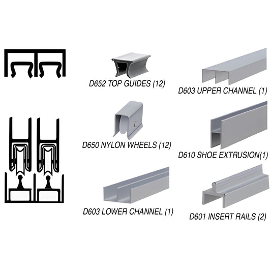 D2301A deluxe sliding glass door track kit - satin anodized aluminum channels, D650 nylon wheels, D652 top guides, insert rai