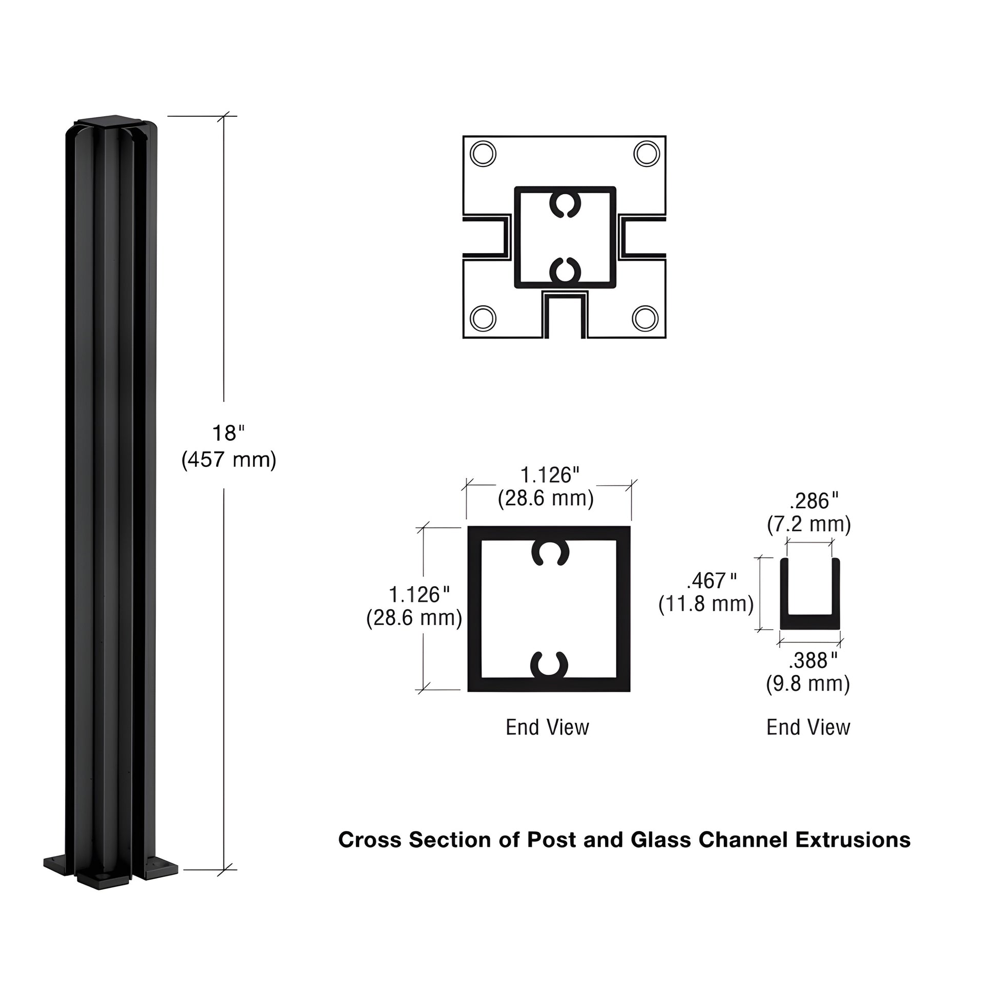 Matte black 18 in 3-way aluminum partition post with U-channel glazing for 1/4 in glass (SKU D990MBL183W)