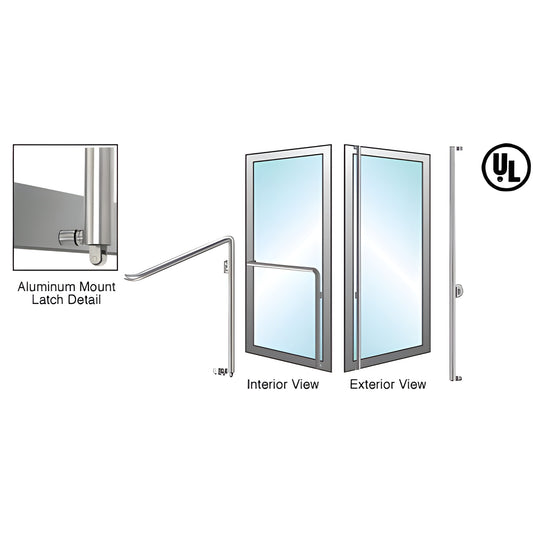PA110F3AKBS stainless steel tubular panic handle for tempered glass doors, brushed finish, interior and exterior views.