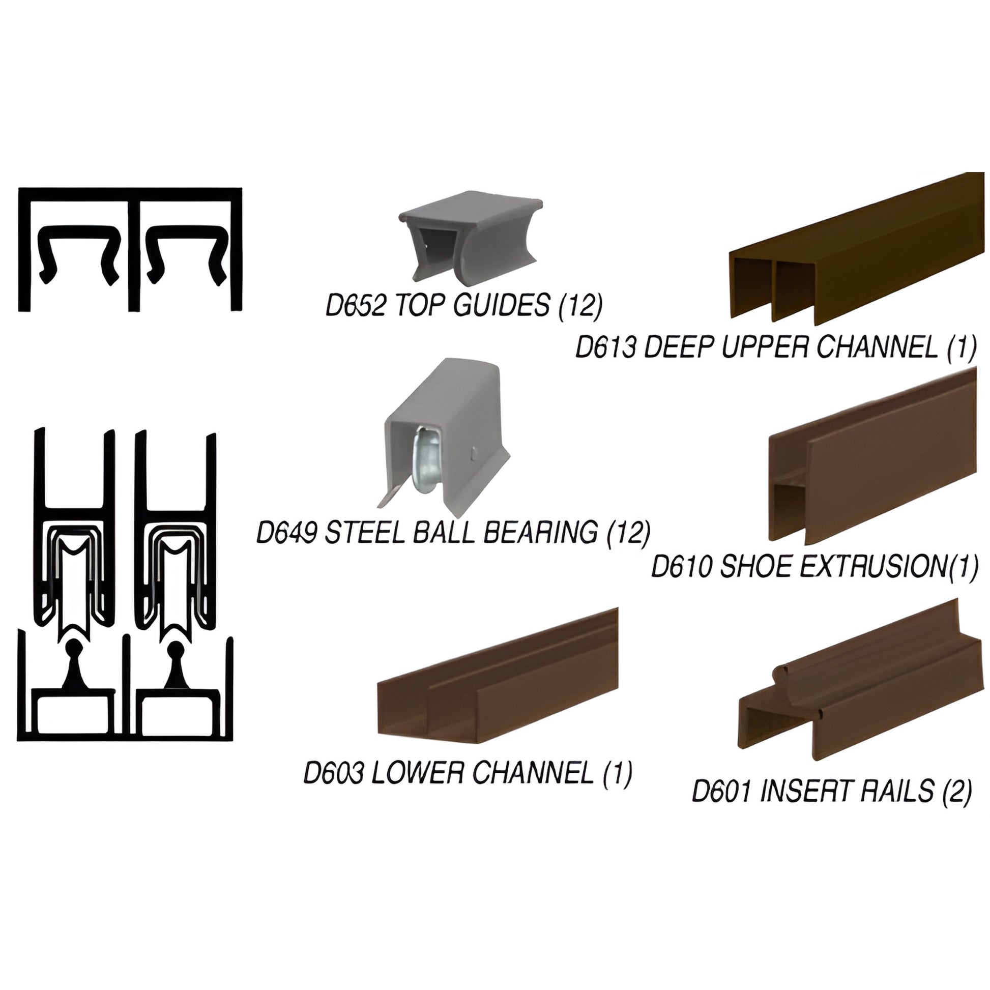 D2307DUBB deluxe 12' duranodic bronze aluminum sliding glass door track assembly with D649 ball-bearing wheels and guides