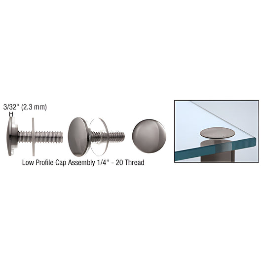 LPC34GM gun metal low-profile standoff cap assembly, 3/4" dia brass cap for signage and panels, shown with screw and washer.