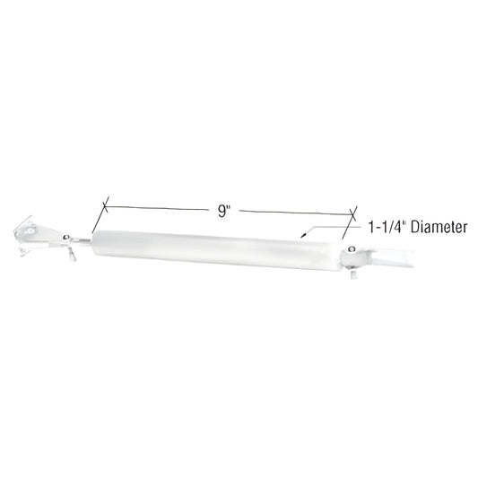 White 9" pneumatic screen door closer (SKU K5118), 1-1/4" aluminum tube with mounting brackets, adjustable closing speed.