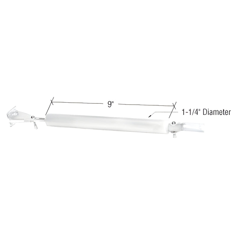 White 9" pneumatic screen door closer (SKU K5118), 1-1/4" aluminum tube with mounting brackets, adjustable closing speed.