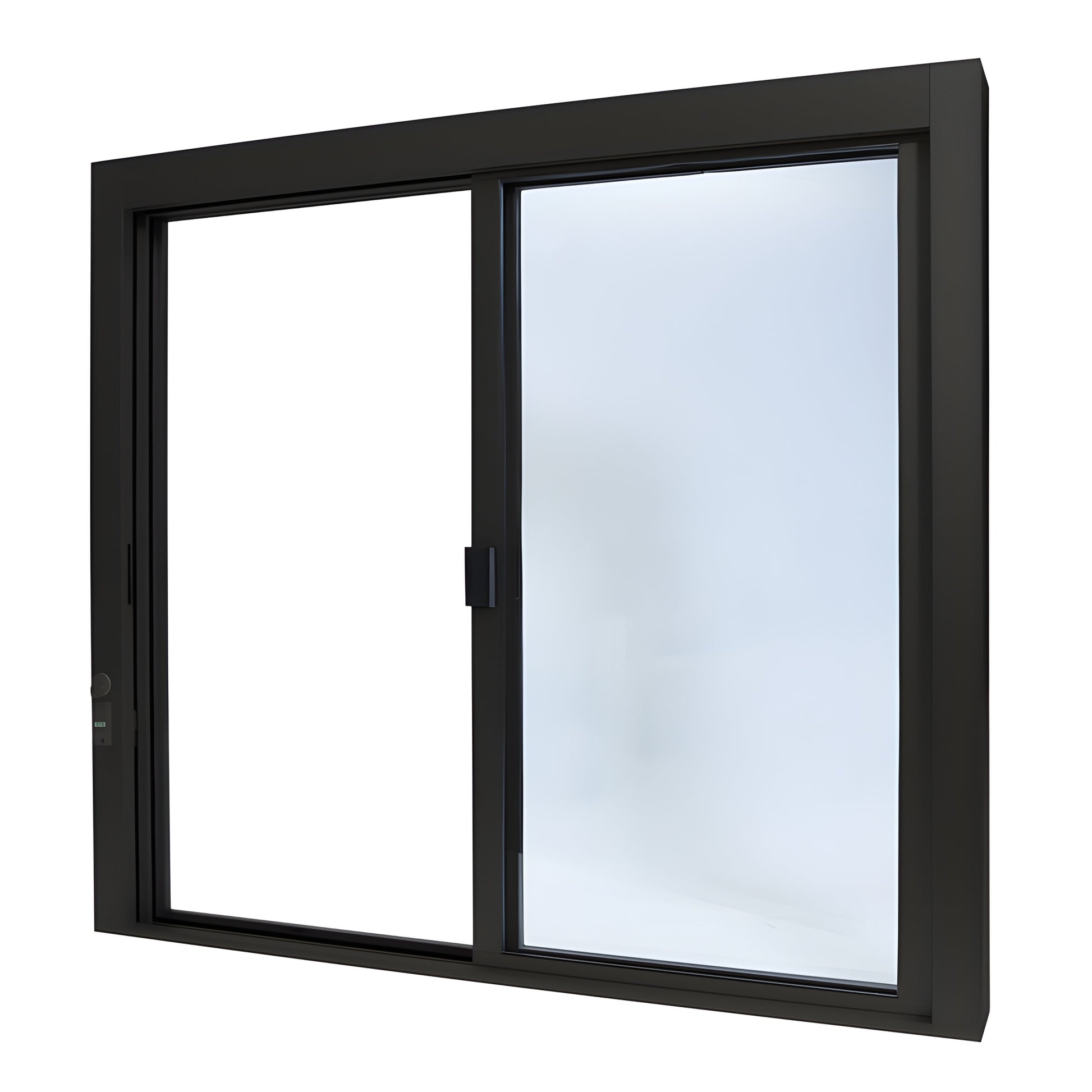 Bronze anodized aluminum self-closing sliding service window (XO), 471 2 433 4, 1/4" tempered glass, thumbturn lock. SKU SCDW4844