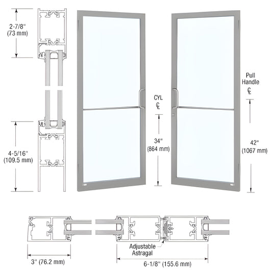 Clear anodized narrow-stile commercial entrance door SKU 1D22511, 3" stiles, 2-7/8" top rail, 4-5/16" bottom rail